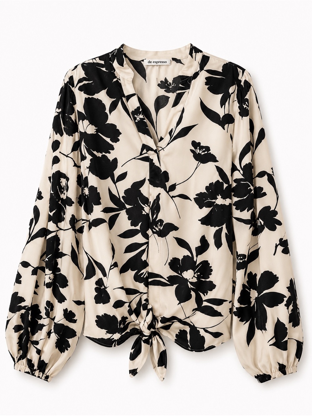 Cream and Black Floral Button-Front Blouse
